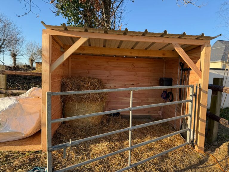 Douglas fir timber shelter for goats and ponies