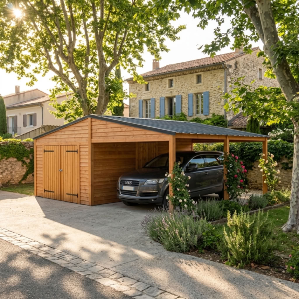 Garage avec carport double pente en bois douglas