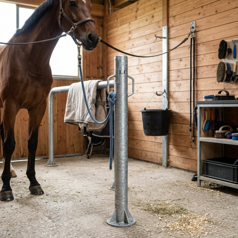 Horse tie post Installed in a Grooming Area