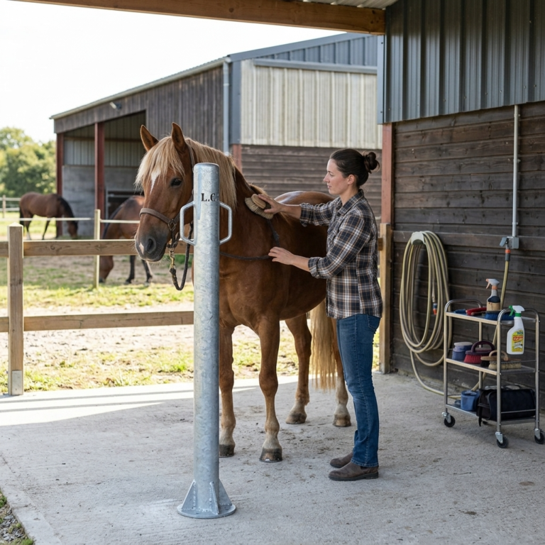 Horse tie post Installed in a Grooming Area