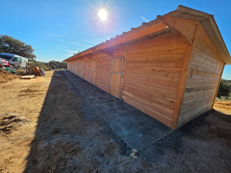 Row of 8 Douglas Fir Horse Stable Boxes – LCI ChevalComplete structure in solid Douglas fir timber with timber posts. French-made and built to order, ideal for equestrian centres, breeding facilities and livery yards.