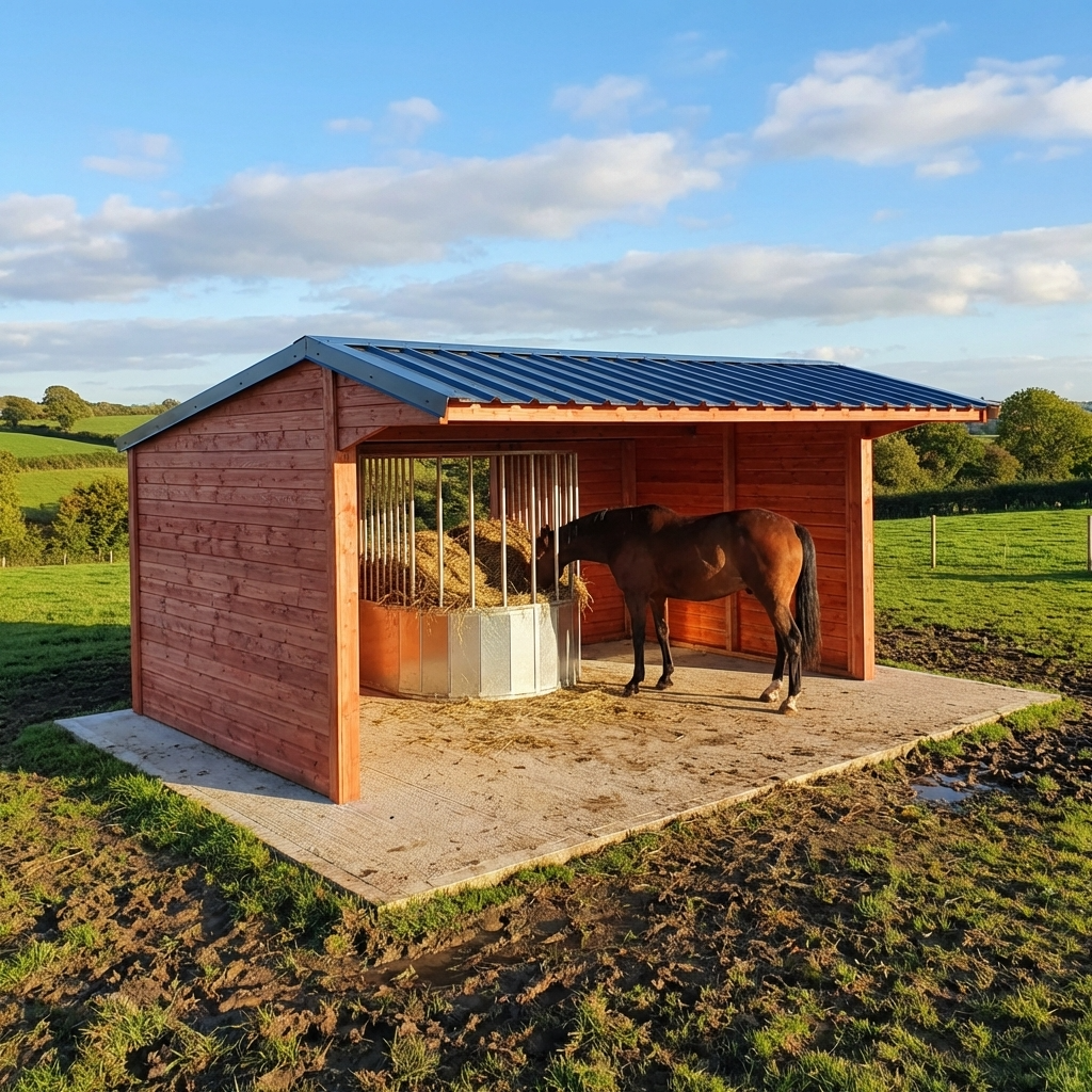 Horse Shelter with Central Circular Hay Rack for Round Bales