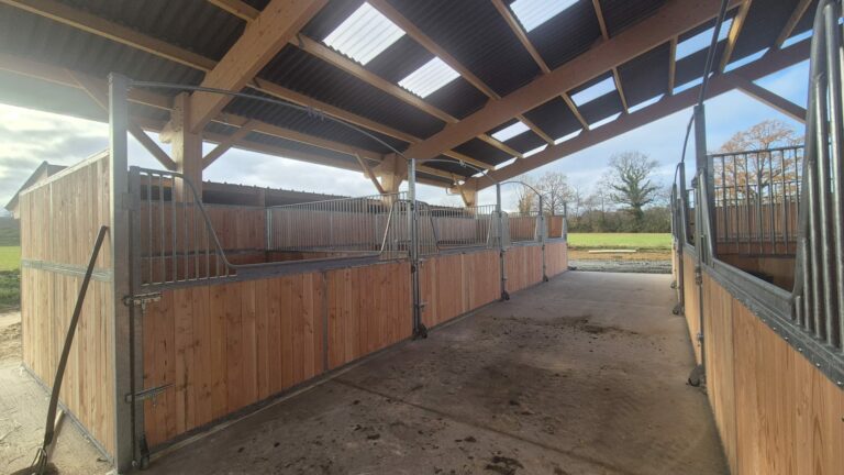 Gooseneck stable front with full-opening door, custom-length bars for mechanical mucking-out