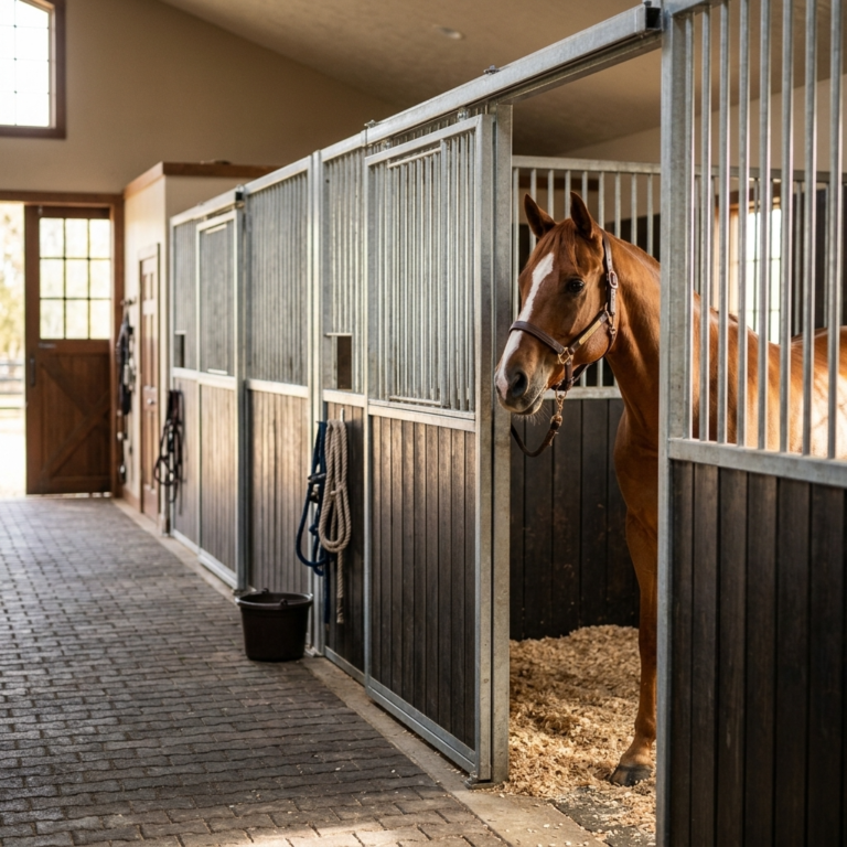 Stable front with sliding door and resin half-door