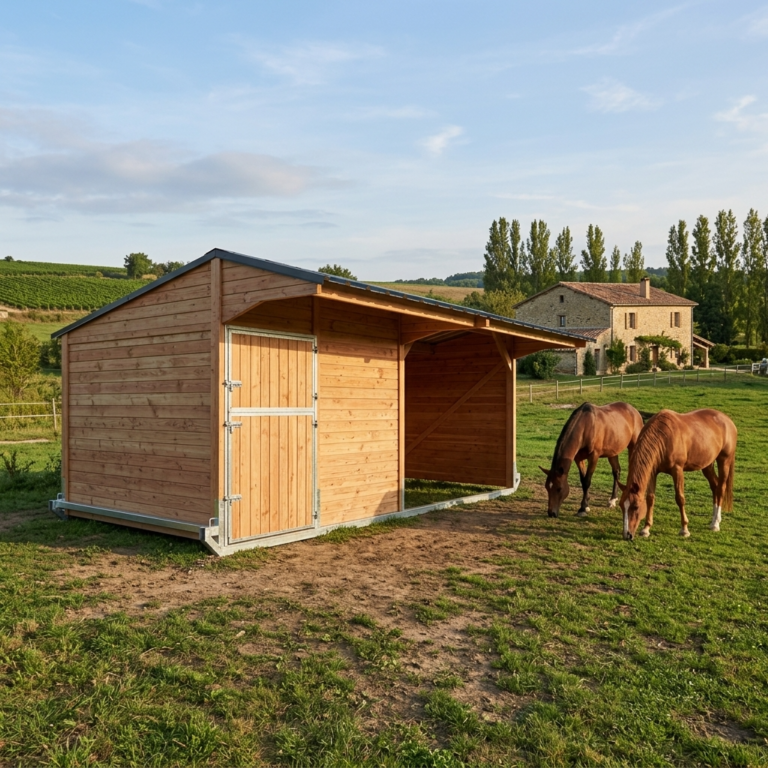 Stable with movable shelter for horses