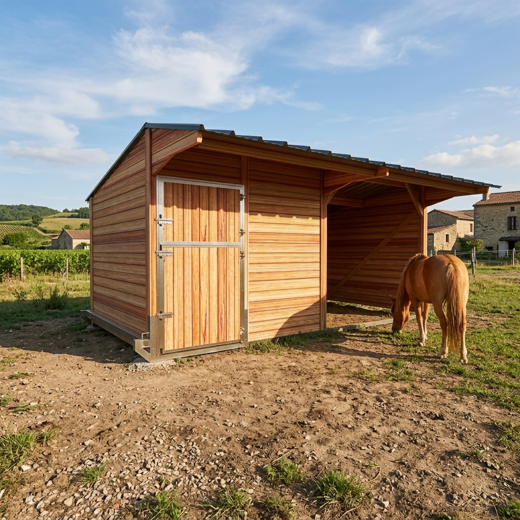Stable with movable shelter for horses