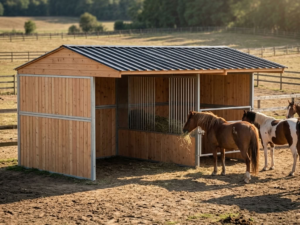 3 x 6 m wooden horse shelter with removable feed rack