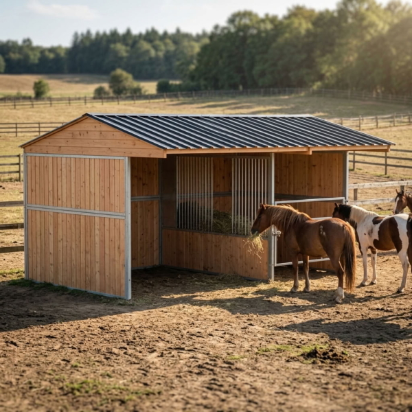 3 x 6 m wooden horse shelter with removable feed rack